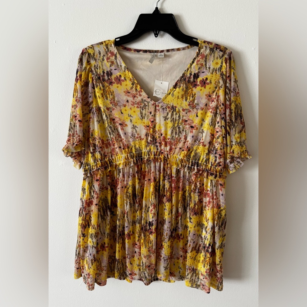 Cato Yellow Pink Fall Floral V Neck Flowy Babydoll Top New with Tags large